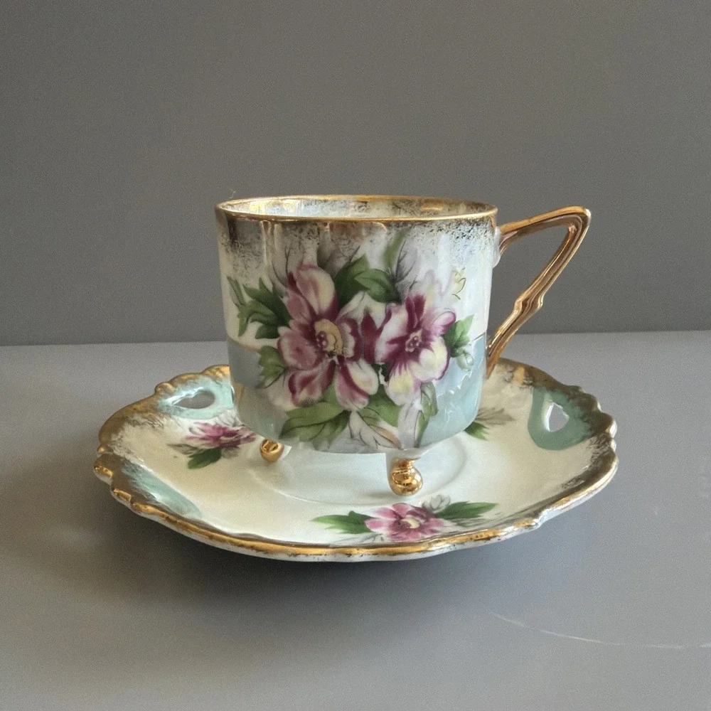 VTG Mid Century Tea Cup Saucer Sterling China Iridescent Floral Gold Tri Footed